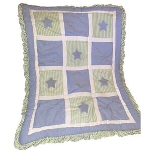 Kidsline Baby Quilt Blanket Blue Stars Green Stripes Patchwork Comforter Ruffle